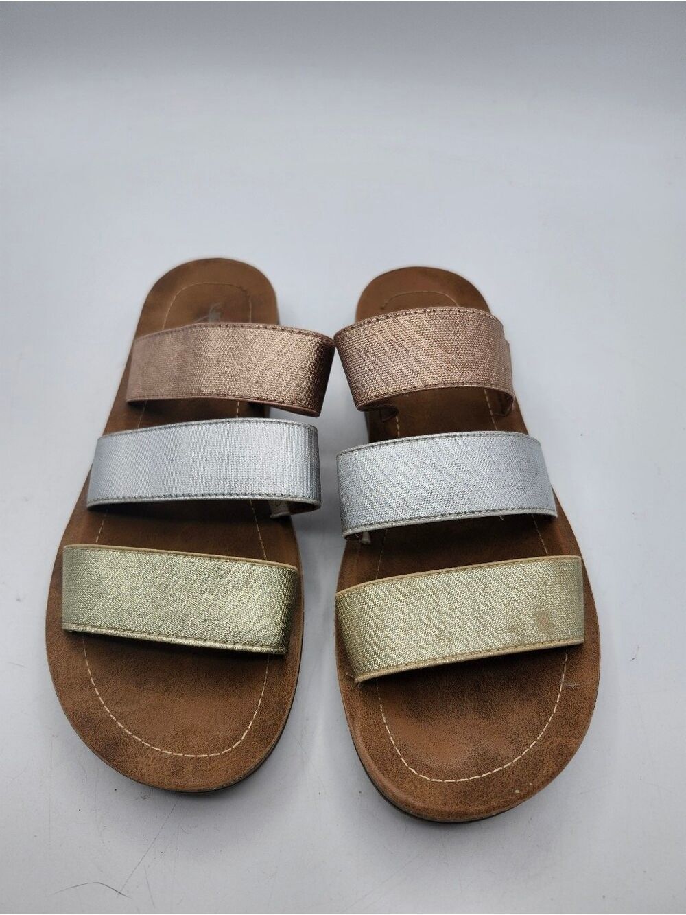 Corkys Women's Triple Strap Metallic Slide Sandals - Rose Gold, Silver & Gold
